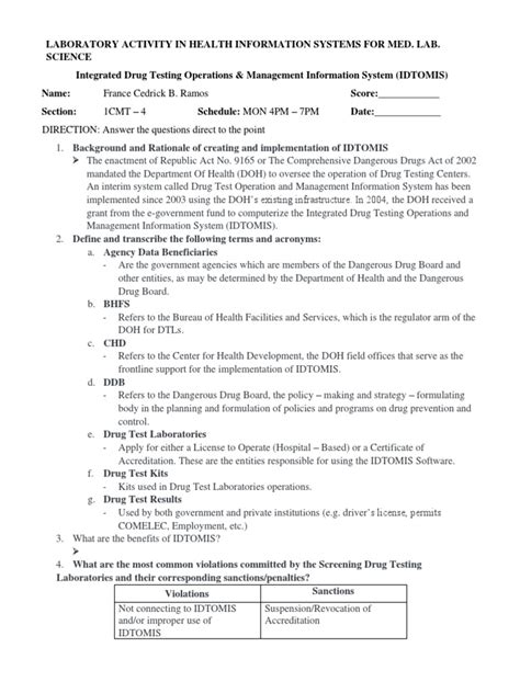 idtomis|GUIDELINES FOR THE DOH INTEGRATED DRUG TEST OPERATIONS AN.